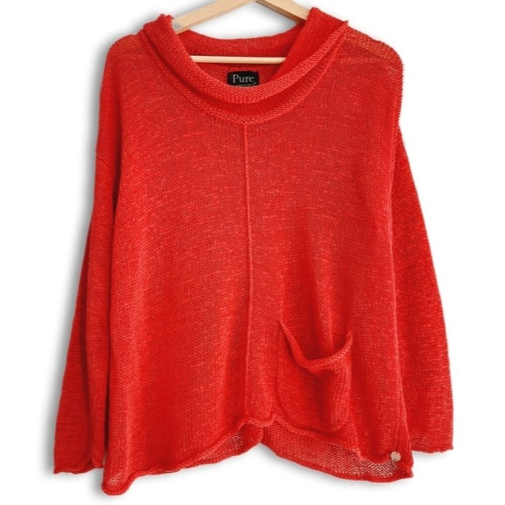 PURE HANDKNIT Linen Blend Oversized Fine Knit Semi-sheer Sweater Top Red Sz XS